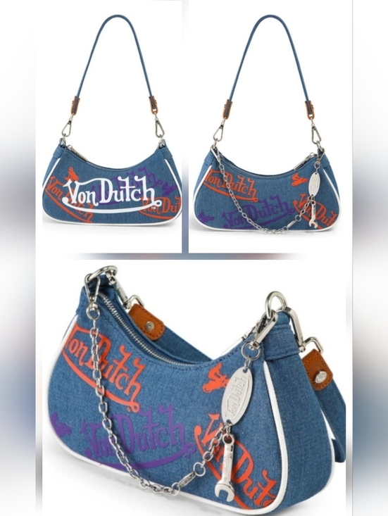 Von Dutch Handbags - Von Dutch Denim/Orange/Purple Logo Shoulder Bag W/CUTE Mini Wrench-New W/Tags!
